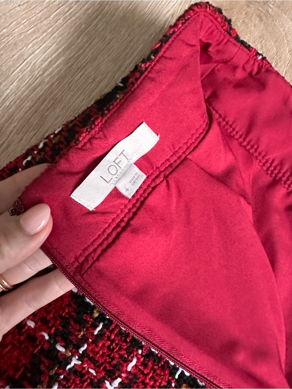 LOFT Red Plaid Tweed Mini Skirt with Black Accents - Picture 4 of 4